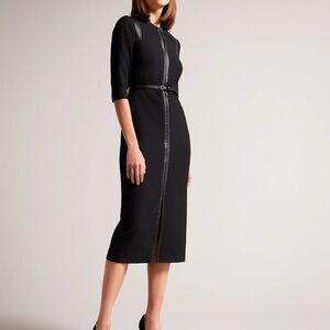 Ted Baker Black Midi Dress with Front Zip and Slim Belt